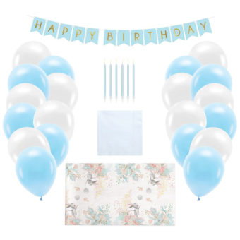 ZESTAW błękitny Dekoracje na urodzinki chłopca (bieżnik, serwetki, balony, świeczki, baner)