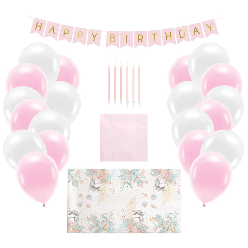ZESTAW różowy Dekoracje na urodzinki dziewczynki (bieżnik, serwetki, balony, świeczki, baner)