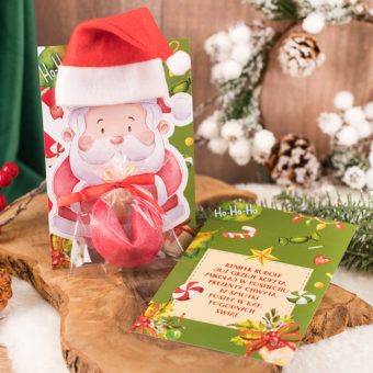 POCZTÓWKA świąteczna 3D Mikołaj w czapeczce + ciasteczko z wróżbą