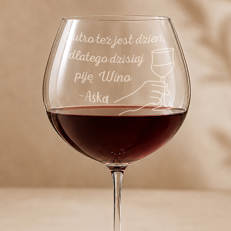 Czerwone wino w dużej kieliszku z wygrawerowanym napisem: "Jutro też jest dzień, dlatego dzisiaj piję wino - Aska".