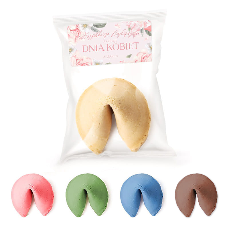 Woreczek z ciastkiem fortuny na Dzień Kobiet, z ozdobnym napisem, zawiera ciastko w kolorze beżowym oraz dodatkowe ciastka w kolorach różowym, zielonym, niebieskim i brązowym.