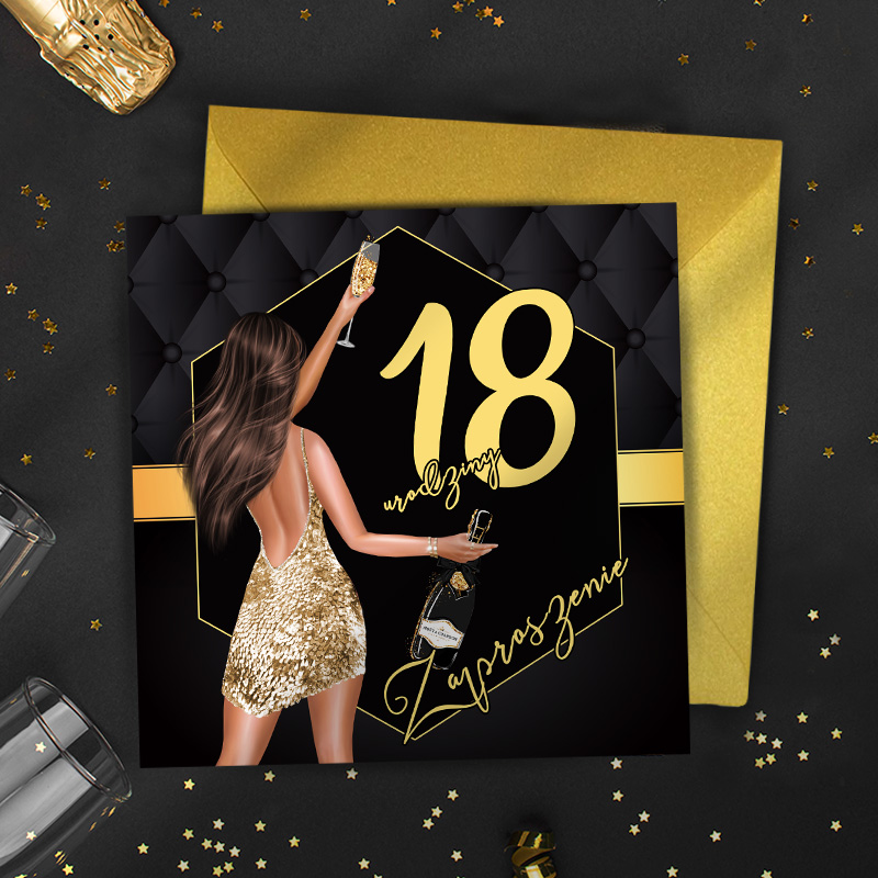 Zaproszenia na 18 glamour czarne tło, złote akcenty z wizerunkiem kobiety z szampanem na okładce