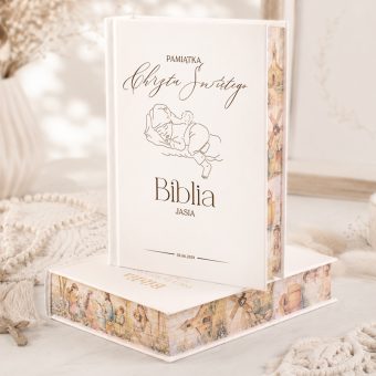 BIBLIA na Pamiątkę Chrztu Św. personalizowana Śpiący Maluszek