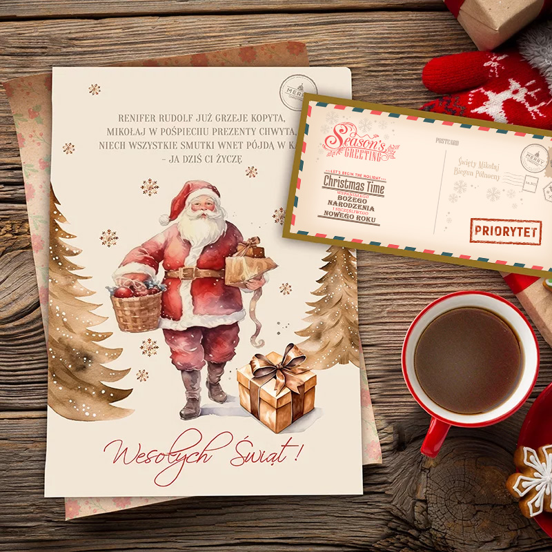 Ilustracja przedstawiająca Świętego Mikołaja w czerwonym stroju, trzymającego kosz z jabłkami i prezentem, na tle bożonarodzeniowym z choinkami oraz napisem "Wesołych Świąt!". Obok znajduje się pocztówka z życzeniami i filiżanka kawy na drewnianym stole.