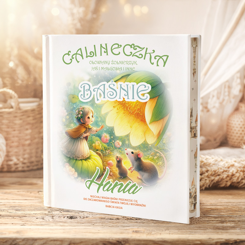 Ilustrowana książka "Bajki Hani" z kolorowymi rysunkami, przedstawiająca dziewczynkę w zielonym kapeluszu w otoczeniu zwierząt i kwiatów.