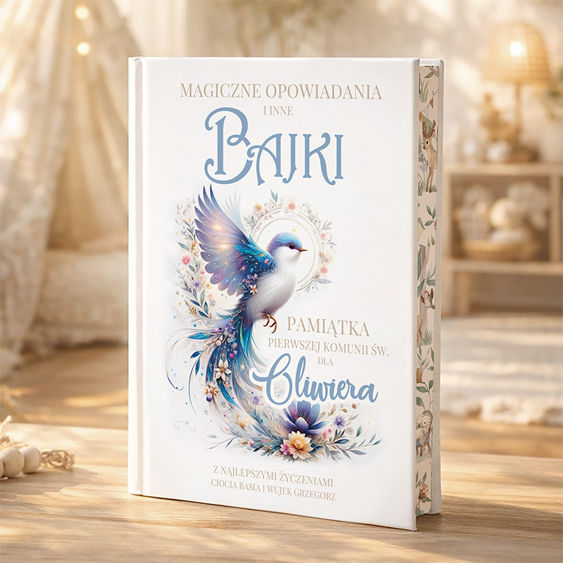Książka zatytułowana "Magiczne opowiadania i inne bajki", ozdobiona ilustracją przedstawiającą kolorowego ptaka.