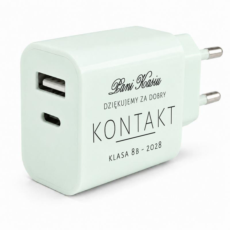 Ładowarka z jednym portem USB i złączem USB-C, z napisem "Dziękujemy za dobry Kontakt" i informacjami o klasie 8B na 2028 rok.