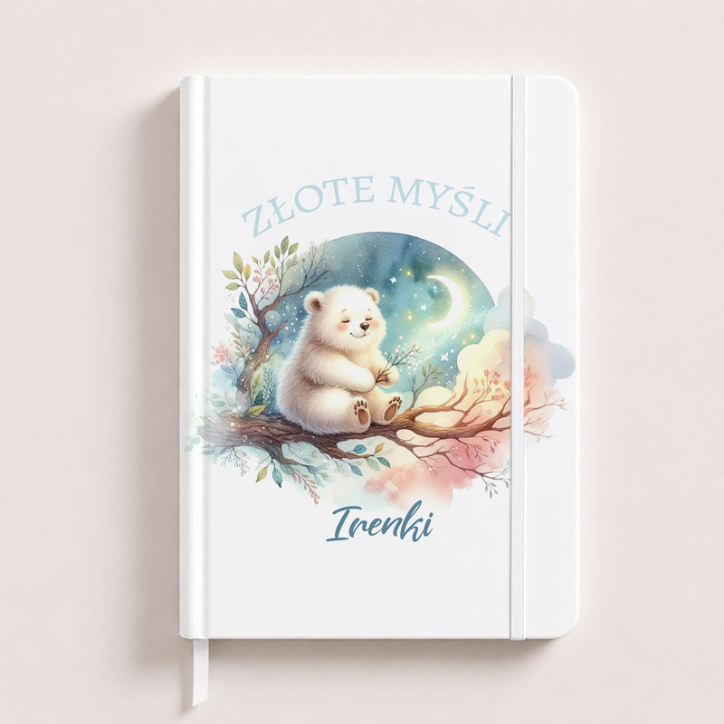Notatnik z uroczym białym misiem siedzącym na gałęzi, otoczonym kolorowymi kwiatami i nocnym niebem z księżycem. Tekst "Złote myśli" na okładce.