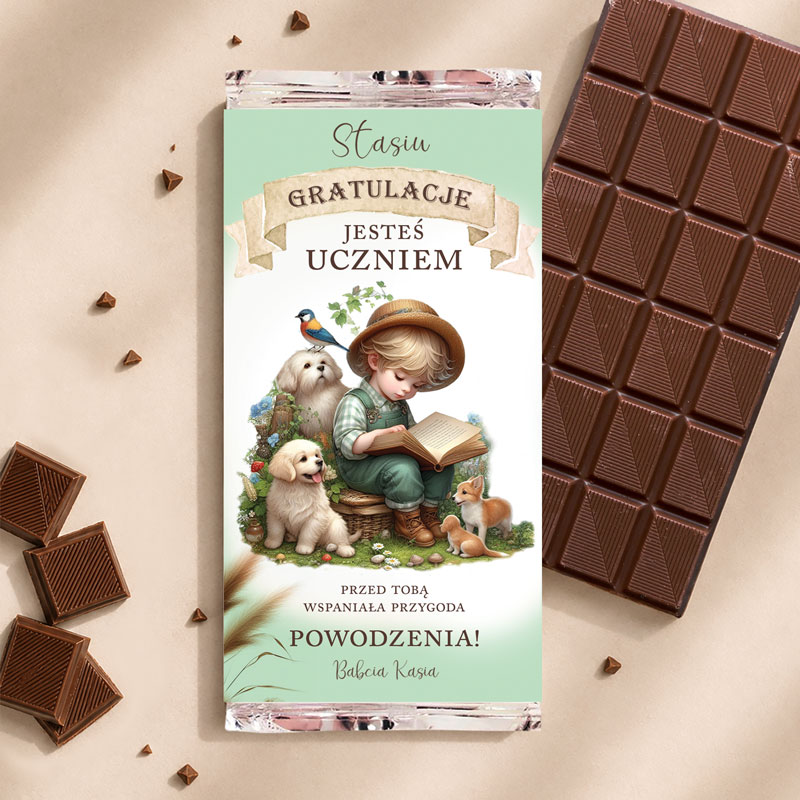 Broszura gratulacyjna dla ucznia, przedstawiająca chłopca czytającego książkę z psem i ptakiem w towarzystwie. W tle czekolada.