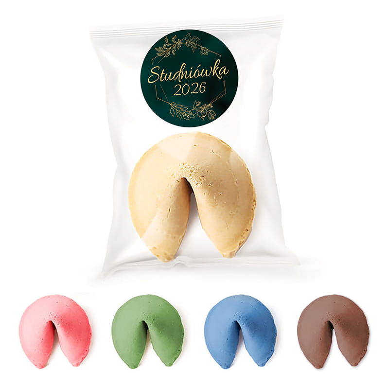 Opakowanie zawierające duży ciastkowy wróżbnik w kolorze beżowym z napisem 'Studniówka 2026', obok cztery mniejsze wróżbniki w kolorach różowym, zielonym, niebieskim i brązowym.