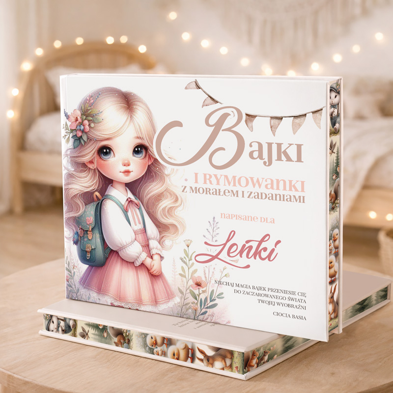 Książka "Bajki i Rymowanki z Moralem i Zadaniami" na tle jasnego wnętrza, z piękną ilustracją dziewczynki na okładce.