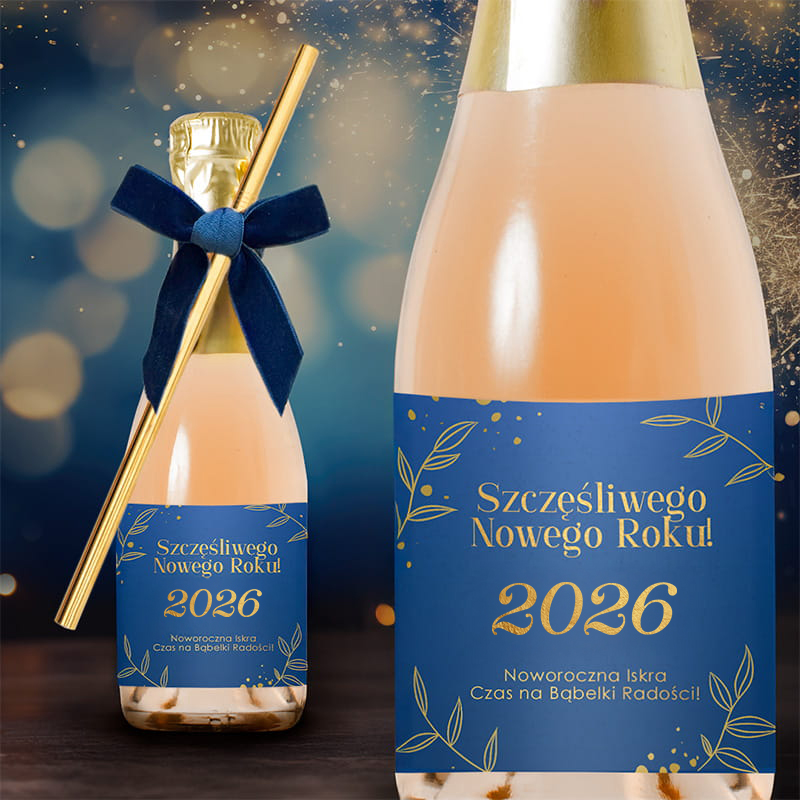 Butelka różowego napoju musującego z niebieską etykietą, na której napisano 'Szczęśliwego Nowego Roku! 2026'. Butelka jest ozdobiona złotą słomką i niebieską kokardką, a w tle są bokeh i złote iskrzące się elementy, tworzące świąteczną atmosferę.