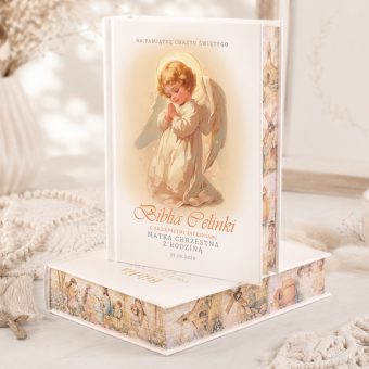 Ilustrowana BIBLIA Dla Dziecka z Okazji Chrztu Świętego z Aniołkiem Prezent Od Chrzestnej