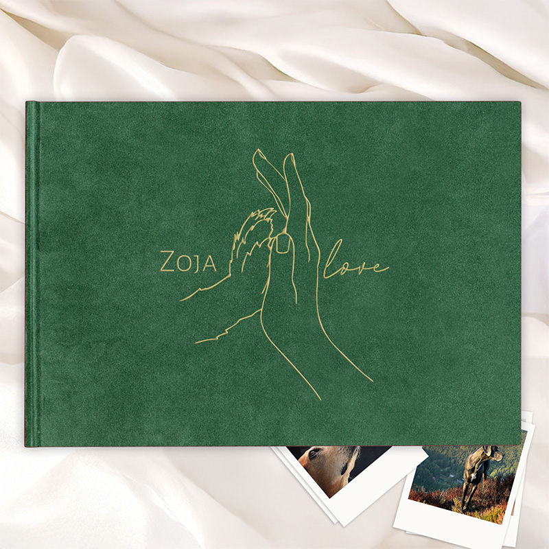 Zielona okładka książki z złotym rysunkiem dłoni trzymającej łapę, z napisem "ZoJA love" obok, na tle jasnych tkanin i zdjęć.