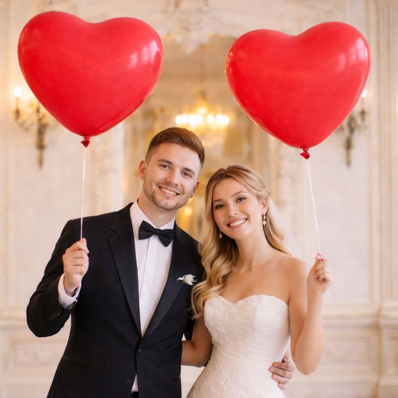 Młoda para trzymająca balony w kształcie serc, uśmiechająca się w eleganckim wnętrzu.
