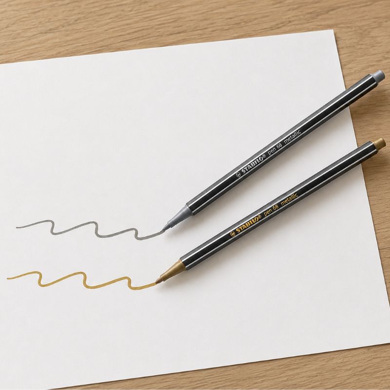 Dwa pisaki graficzne leżące na kartce papieru; jeden szary, a drugi złoty, obydwa z falistymi liniami.