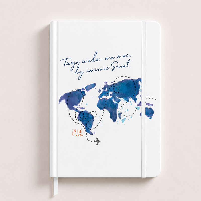 Notes with a white cover featuring a watercolor world map in blue, text "Twoja wiedza ma moc, by zmienić świat" and an airplane illustration.