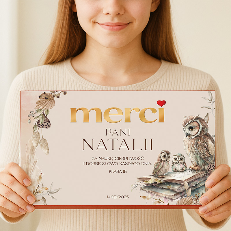 Młoda dziewczyna trzyma w dłoniach dyplom z napisem 'merci' i dedykacją dla pani Natalii, ozdobiony ilustracją sów i książki, na tle jasnej ściany.