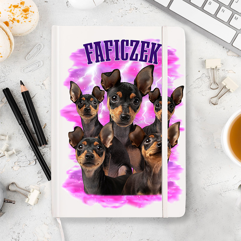 Notatnik w stylu bootleg z kolażem zdjęć psa.
