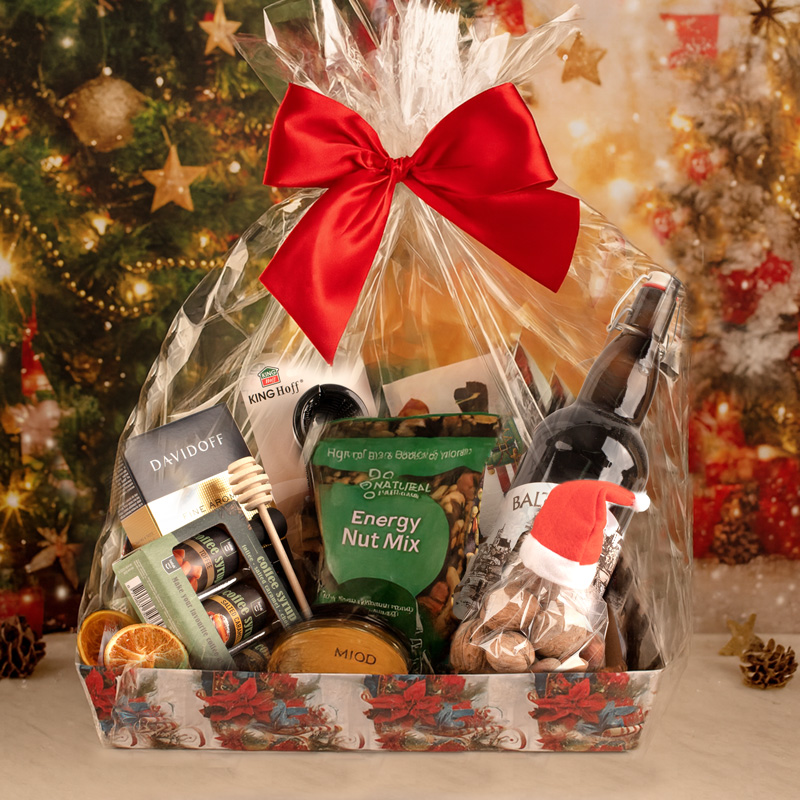 Kosz świąteczny z różnorodnymi produktami, w tym herbatą Davidoff, mieszanką orzechów energetycznych, butelką piwa oraz ozdobionym misiem w czapce Mikołaja, z czerwoną wstążką, na tle choinki i świątecznych dekoracji.