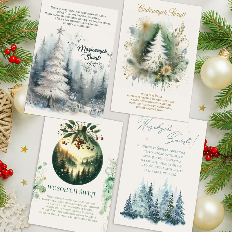 Cztery kartki świąteczne w artystycznym stylu, z motywami choinek, bombek i świątecznych życzeń w polskim języku, otoczone gałązkami iglastymi i dekoracjami świątecznymi.