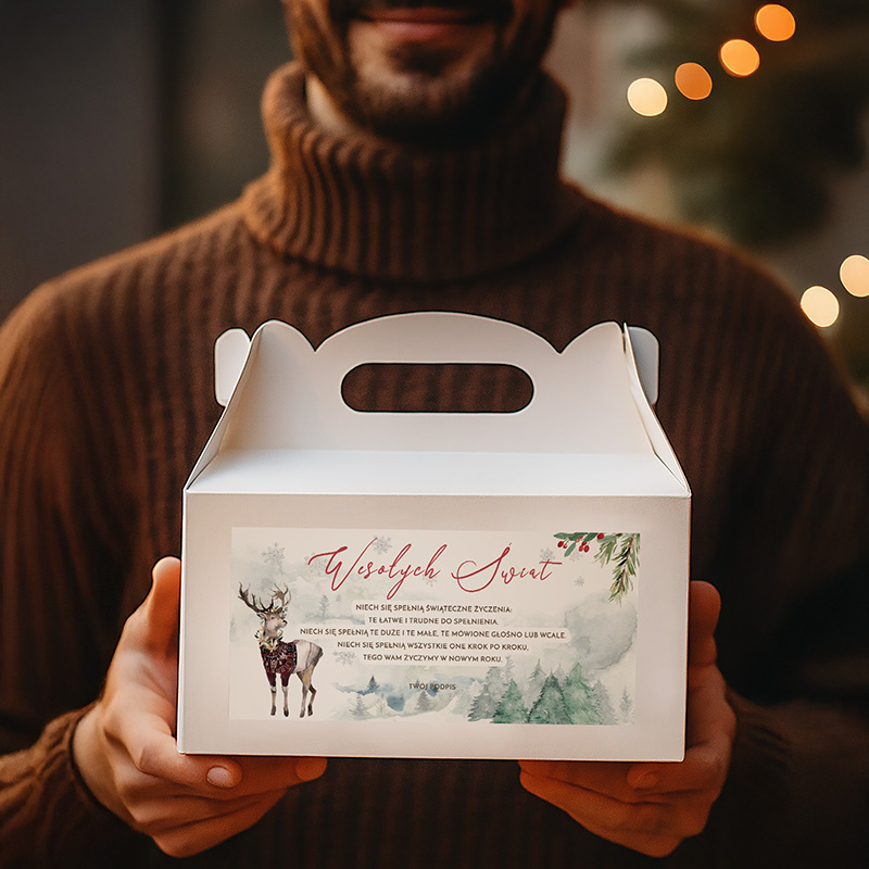 Mężczyzna w brązowym swetrze trzyma białe pudełko z przeźroczystym wizjerem, na którym widnieją świąteczne życzenia w języku polskim oraz graficzny motyw renifera w swetrze na tle pastelowego krajobrazu leśnego.