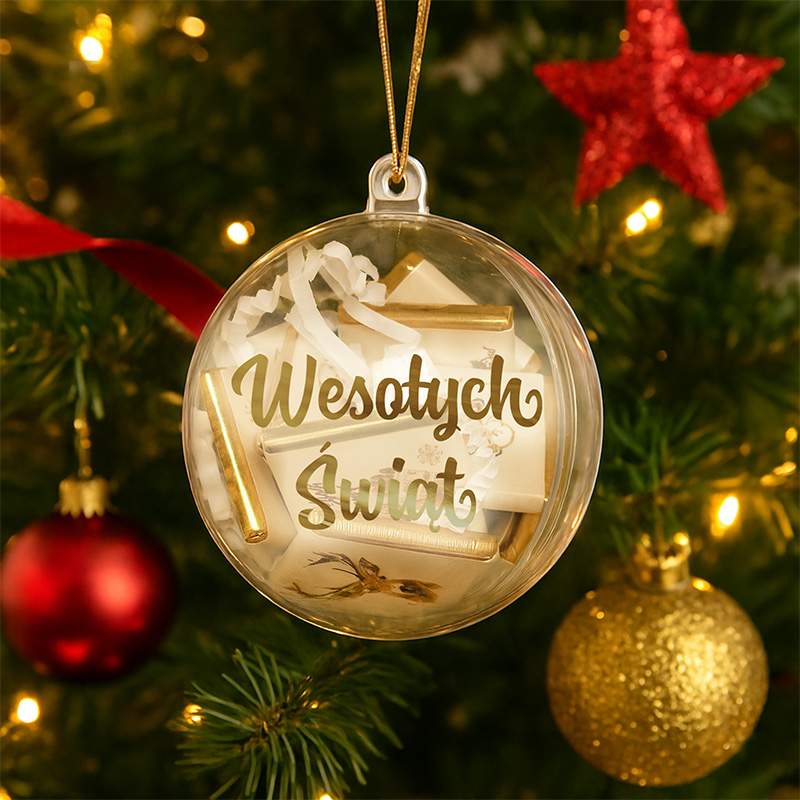 Przezroczysta ozdoba choinkowa z napisem "Wesołych Świąt" oraz małymi czekoladkami w środku, zawieszona na zielonym drzewku z bożonarodzeniowymi dekoracjami.