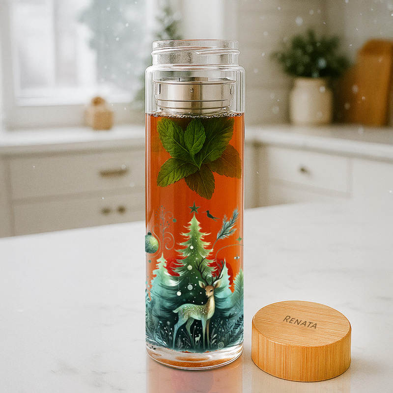 Szklana butelka termiczna z herbatą o ciepłym kolorze, w którym pływają liście mięty; na dzbanku widoczny kolorowy wzór z motywem świątecznym, w tym choinka i jeleń. Obok znajduje się drewniana pokrywka z wygrawerowanym imieniem. Tło przedstawia jasne wnętrze kuchni z oknem.