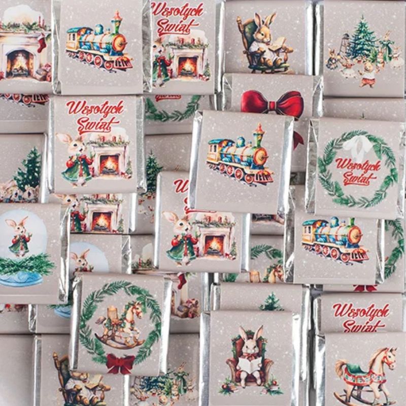 Zestaw ozdobnych opakowań prezentów, z różnorodnymi ilustracjami świątecznymi, takimi jak pociąg, królik przy kominku oraz bożonarodzeniowe motywy, układających się w kolorowy wzór na jasnym tle.