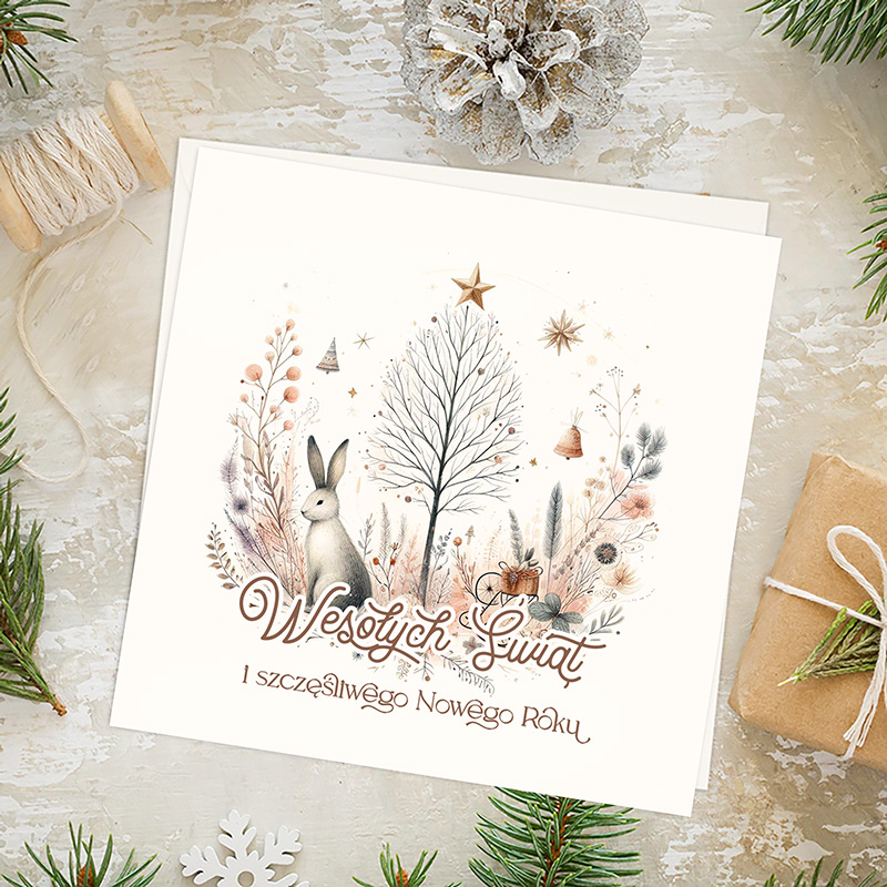 Ilustracja przedstawiająca kartkę świąteczną z napisem 'Wesołych Świąt i szczęśliwego Nowego Roku', ozdobioną rysunkiem królika, drzewka, gwiazdek i roślinności w pastelowych odcieniach, ułożoną na tle świątecznych dekoracji.
