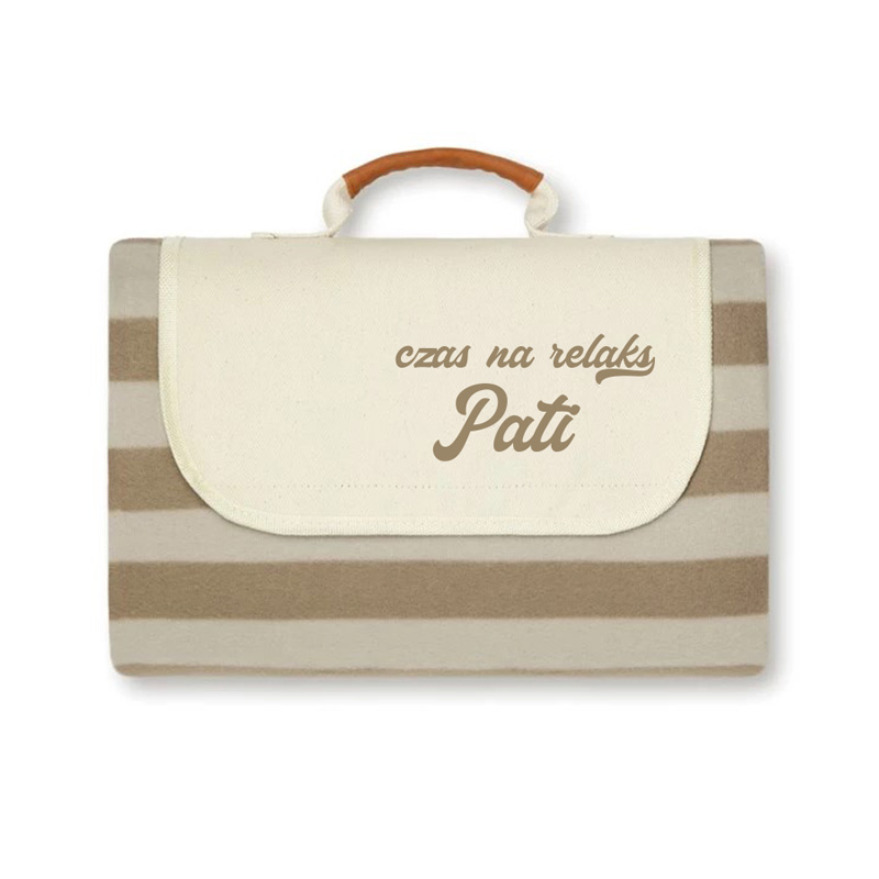 Beżowa torba w paski z napisem "czas na relaks" i imieniem na froncie.