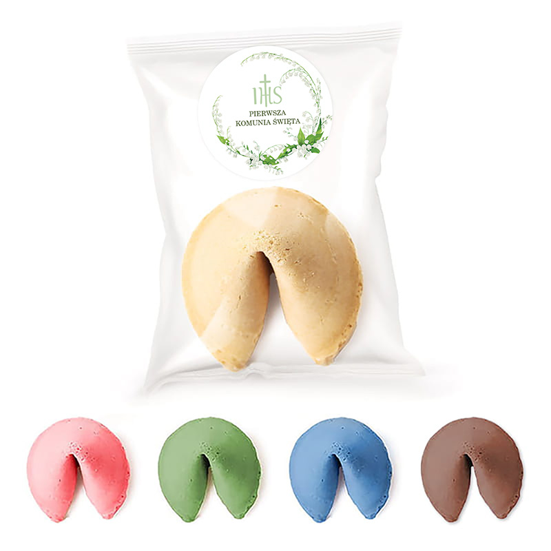 Cztery kolorowe ciasteczka wróżby w różnych odcieniach, zapakowane w przezroczystą paczkę z zielonym logo.