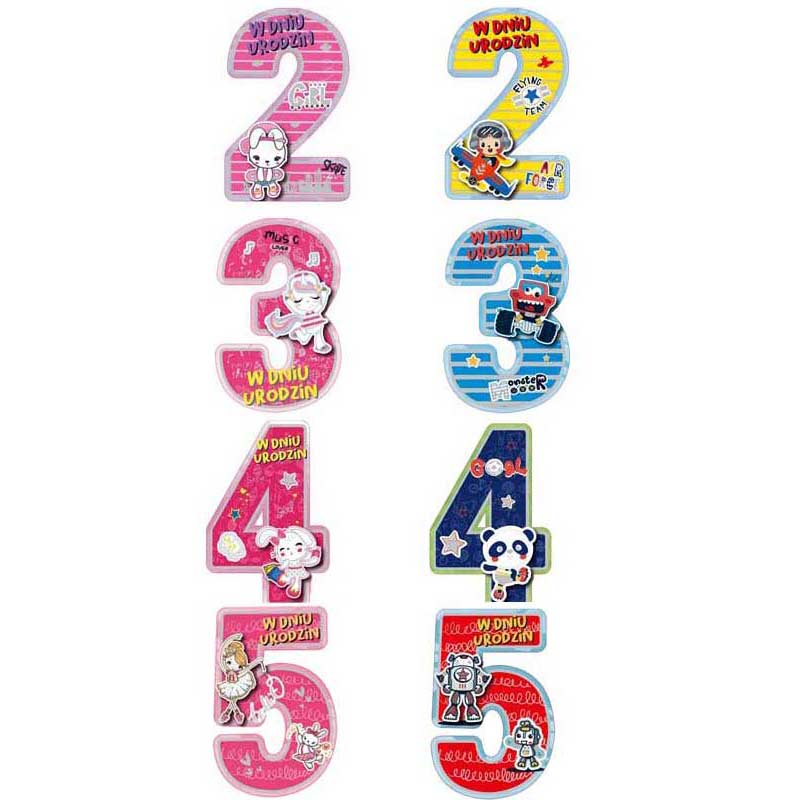 Kolorowe numery od 2 do 5 z motywami zwierząt i postaci, z napisem "W dniu urodzin".