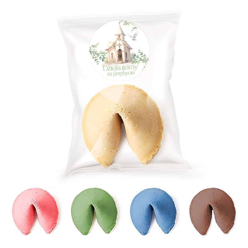Cztery kolorowe ciasteczka pomyślne w różnych smakach, umieszczone w przezroczystym opakowaniu z napisem "Dziękujemy za przybycie".