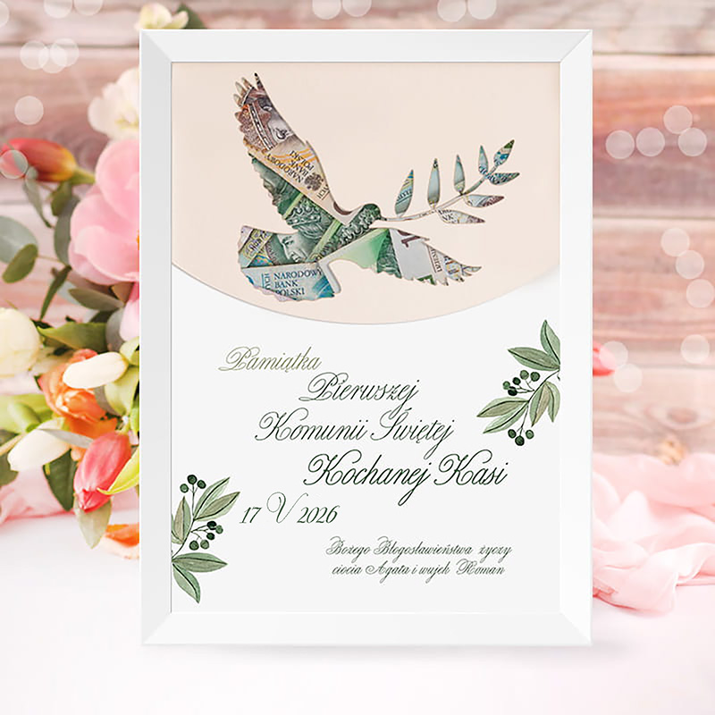 Obrazek przedstawia ozdobny dyplom komunijny z ilustracją gołębia, wykonaną z banknotów, na neutralnym tle.