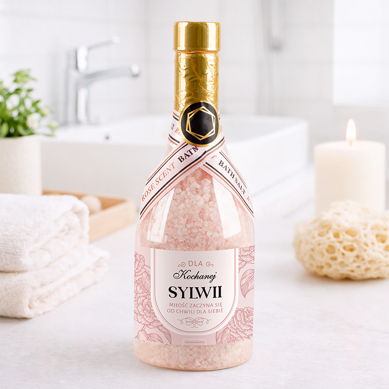 Słoik z różową solą do kąpieli, z etykietą "Dla Kochanej Sylwii", w tle ręczniki i świeca.