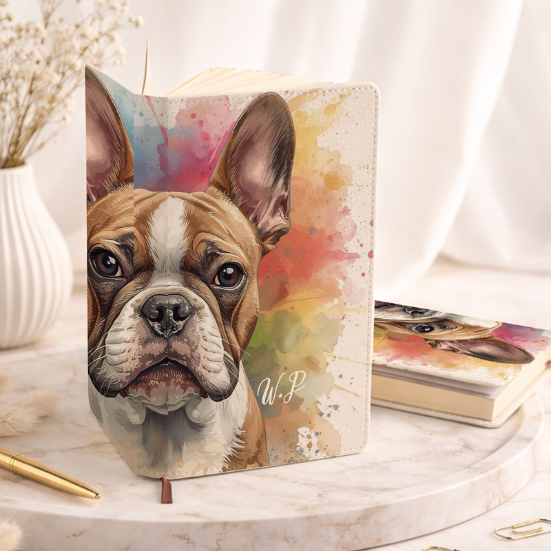 Notatnik z obrazkiem buldoga francuskiego na tle kolorowych plam, obok leży drugi notatnik z podobnym wzorem.