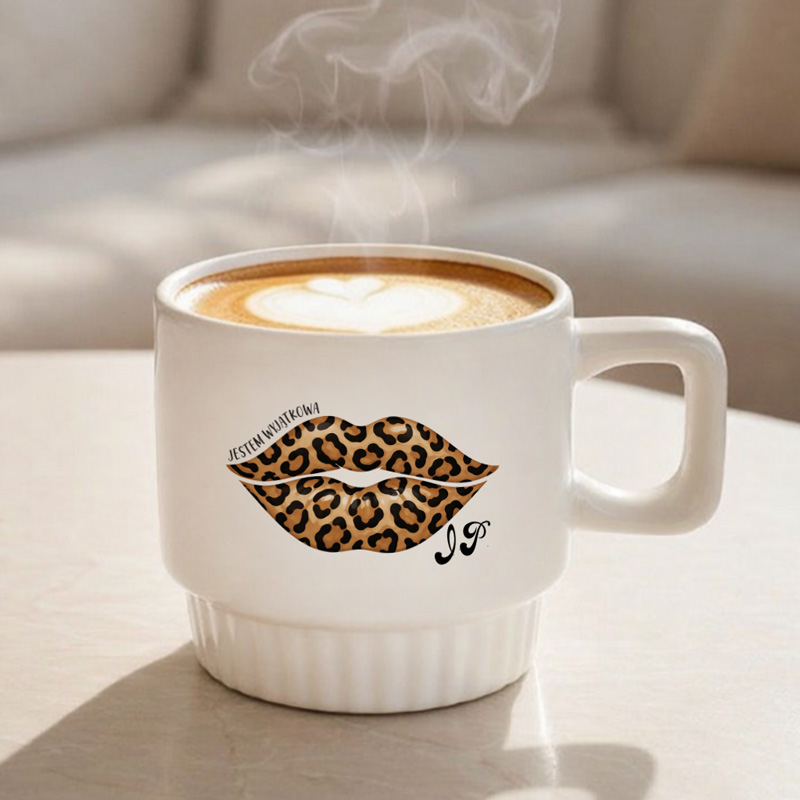 Filiżanka kawy z kremowym napojem, ozdobiona wzorem w panterkę w kształcie ust, na drewnianym stole.