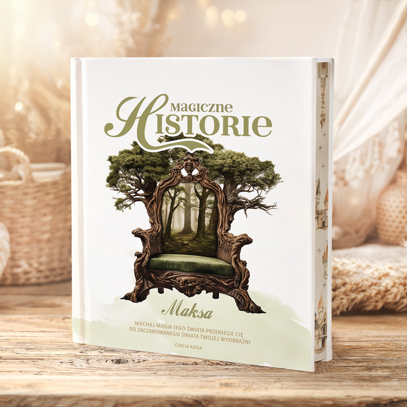 Okładka książki "Magiczne Historie" z ilustracją przedstawiającą fotel w lesie, otoczony drzewami. W tle widać jasne światło.