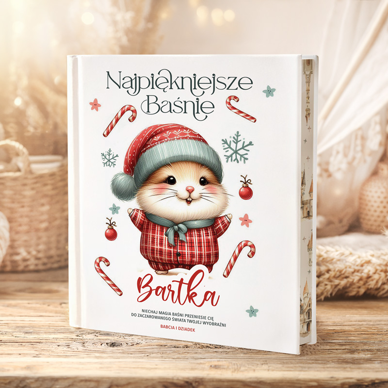 Książka z kolorową ilustracją mieszkańca lasu w czerwonym sweterku i czapce, trzymającego cukierki, z napisem "Najpiękniejsze Baśnie".