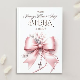 BIBLIA Exclusive Personalizowana na Komunię dla Dziewczynki Różowa Kokarda