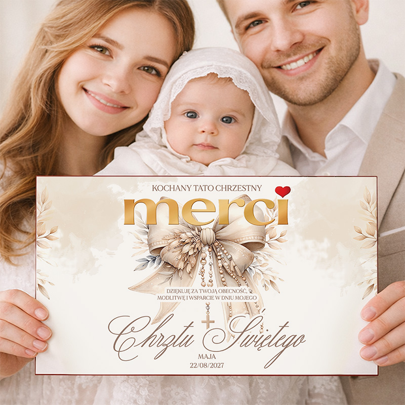 Bombonierka MERCI z personalizacją jako prezent dla Chrzestnych na Chrzest Święty