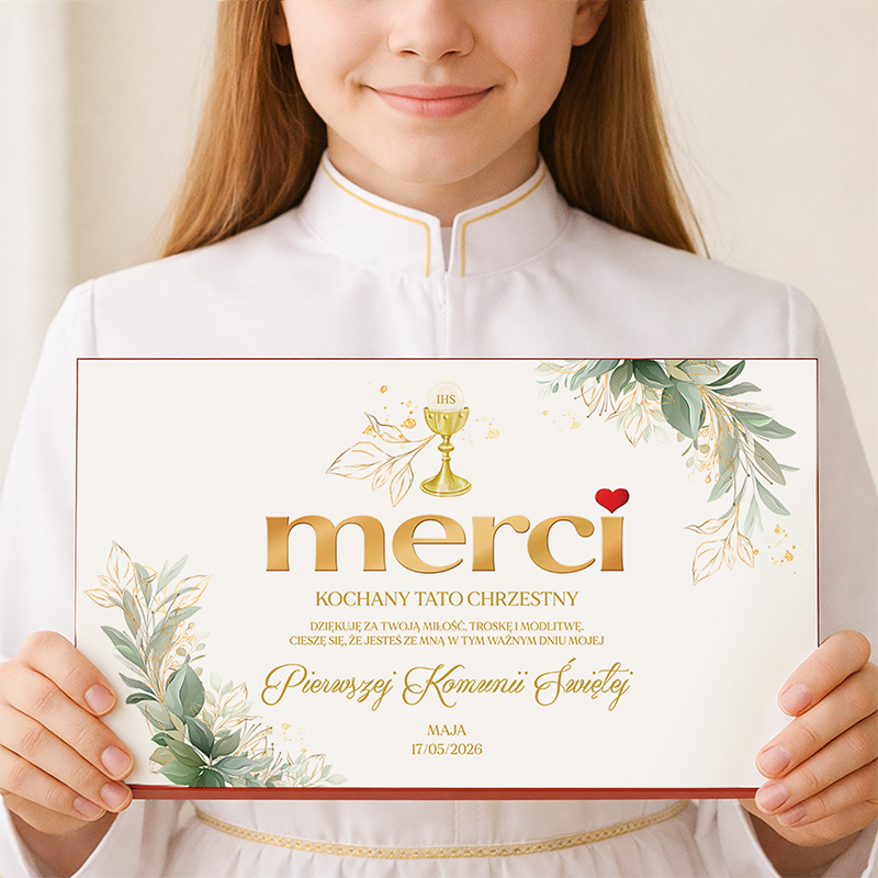 Kartka komunijna w jasnych kolorach, z tekstem "merci" i grafiką kielicha, ozdobiona botanicznymi akcentami, datą 17/05/2026.