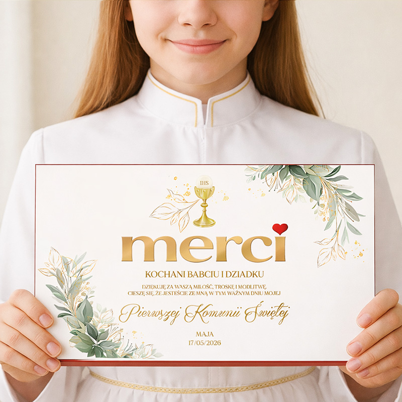 Dziewczynka w białej sukience trzyma dyplom z napisem "merci" oraz datą Pierwszej Komunii Świętej.
