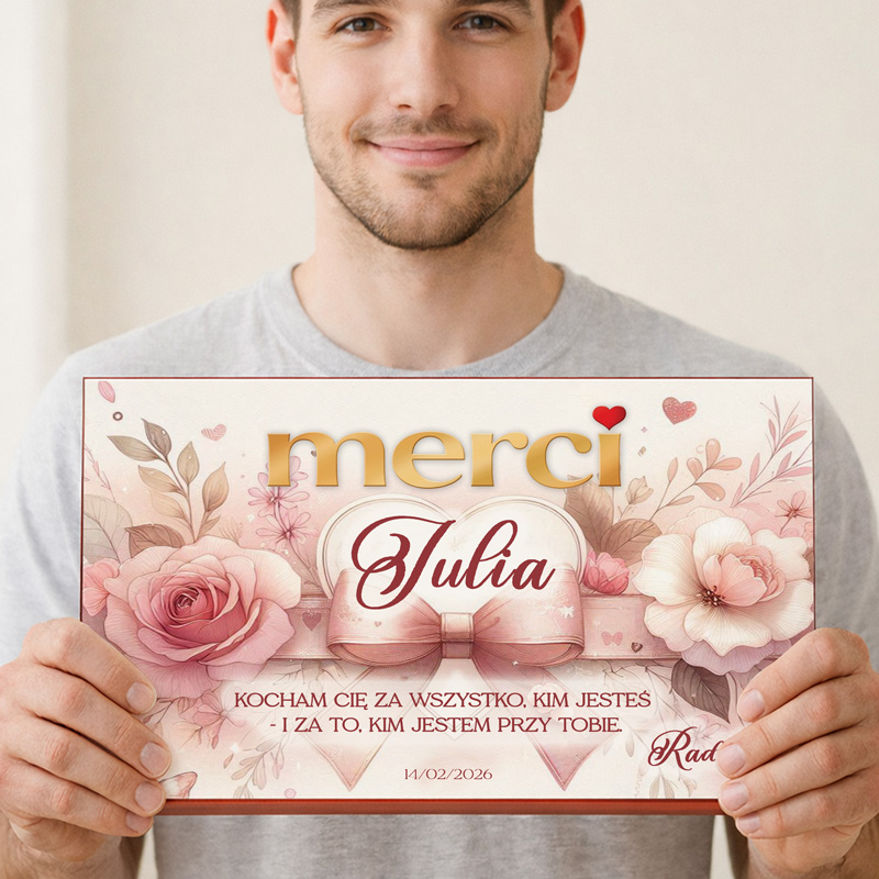 Mężczyzna trzyma certyfikat z napisem "merci" i imieniem "Julia", otoczony kwiatami, z datą 14/02/2026.