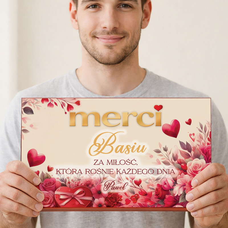 Mężczyzna trzyma tabliczkę z napisem "merci Basiu za miłość, która rośnie każdego dnia" oraz imieniem "Pawel", ozdobioną sercami i kwiatami.
