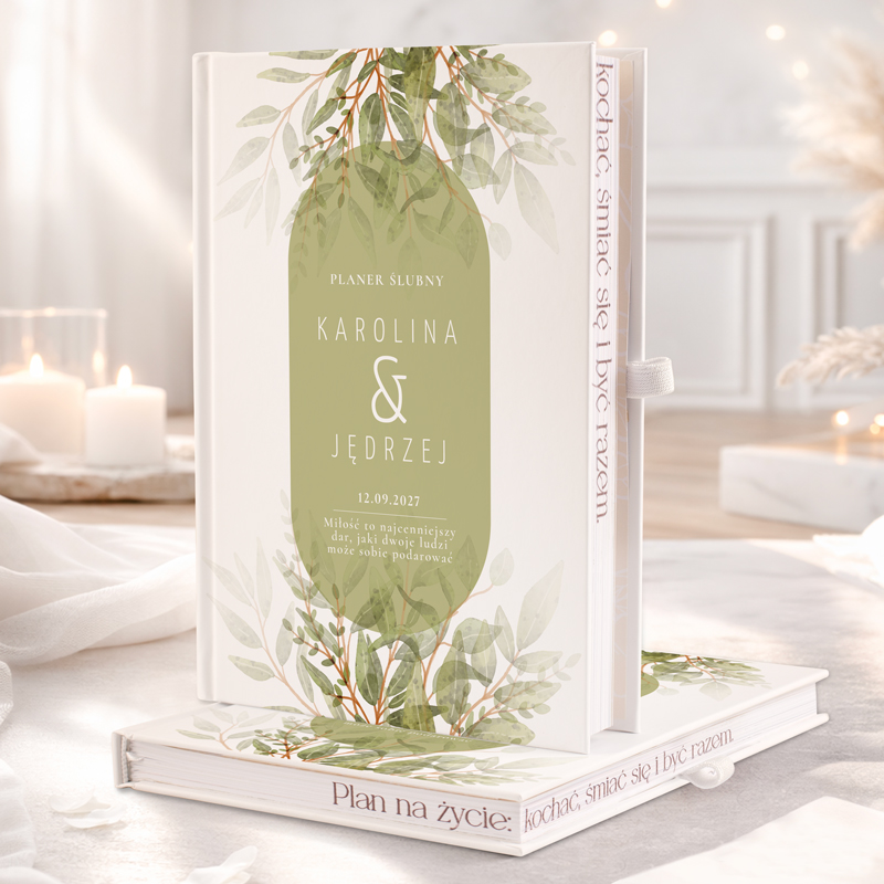 Elegancki planer ślubny z zielonymi liśćmi, zawierający imiona "Karolina & Jędzej" oraz datę 12.09.2027.