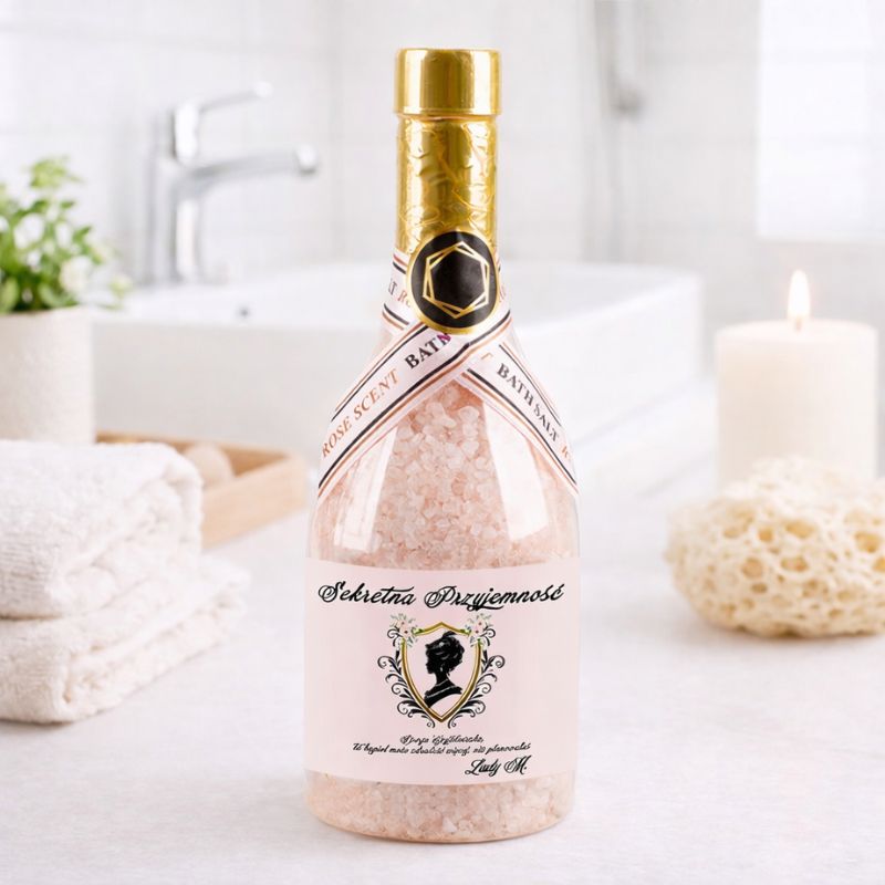 Różowe sole do kąpieli w eleganckim opakowaniu z etykietą "Serweta Przyjemność". W tle widoczne ręczniki i świeca.