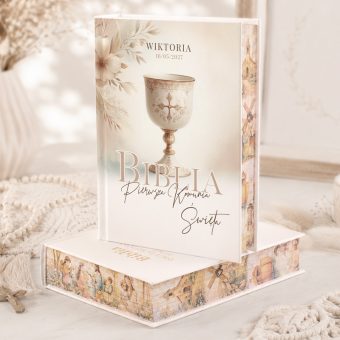 BIBLIA Personalizowana Okładka Pamiątka Komunijna Kielich Boho