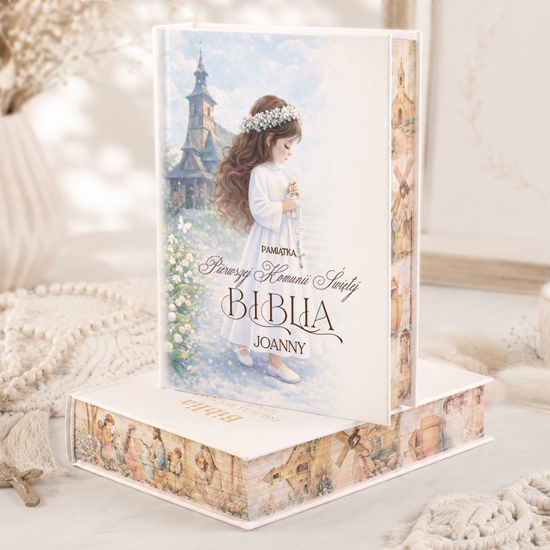 Książka z tytułem "Biblia Joanny", na okładce dziewczynka w białej sukience z kwiatowym wiankiem, w tle kościół.